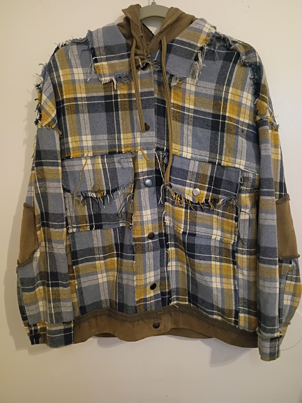 Pol Women's Plaid Hooded Shacket in Blue and Tan Sz S